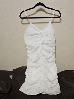 White Ruched Eyelet Midi Dress with Spaghetti Straps